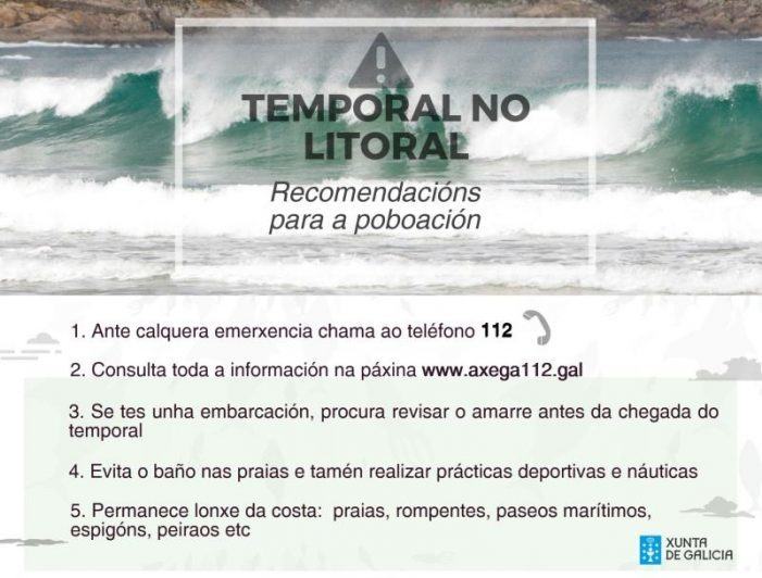A Xunta alerta dun temporal costeiro de nivel laranxa en todo o litoral galego a partir de mañá