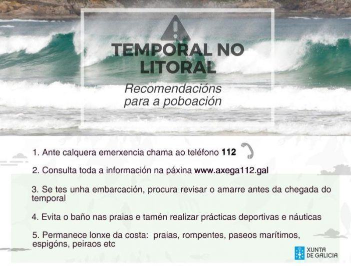 A Xunta alerta dun temporal de nivel laranxa que dará comezo mañá no litoral da provincia da Coruña
