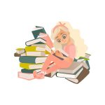 Vector cartoon girl reading book sitting book pile